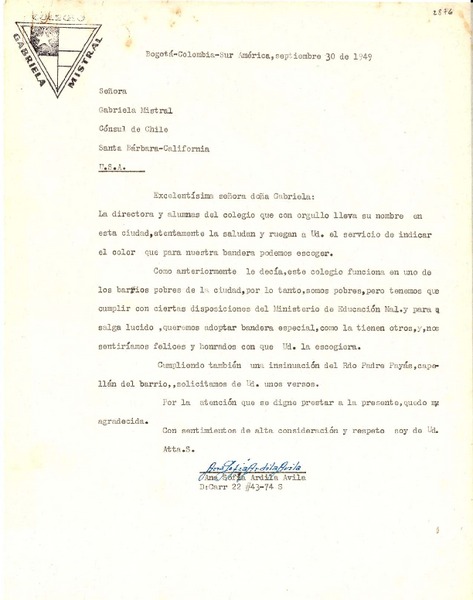 [Carta] 1949 sept. 30, Bogotá, Colombia [a] Gabriela Mistral, Santa Bárbara, California