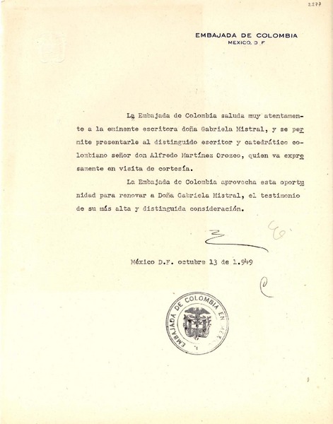 [Carta] 1949 oct. 13, México D.F [a] Gabriela Mistral