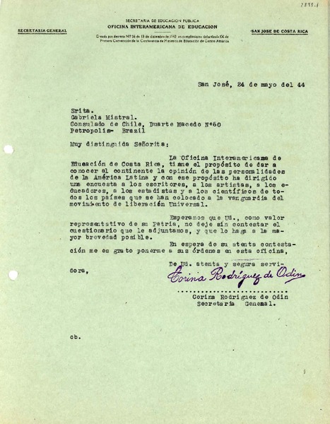 [Carta] 1944 mayo 24, San José, Costa Rica [a] Gabriela Mistral, Petrópolis, Brasil