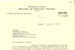 [Carta] 1949 oct. 20, Bogotá [a] Gabriela Mistral, Santa Bárbara, California