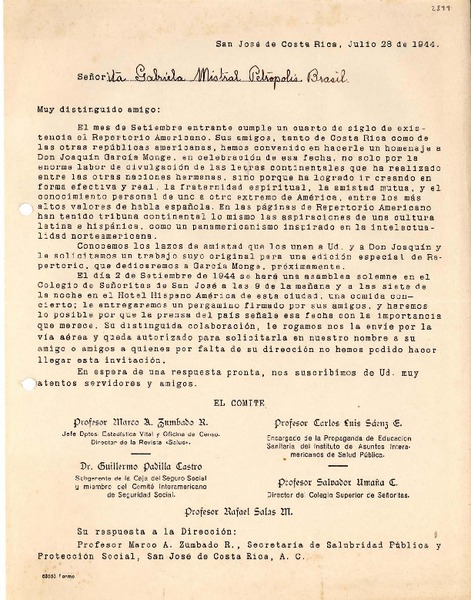 [Carta] 1944 jul. 28, San José de Costa Rica [a] Gabriela Mistral, Petrópolis, Brasil