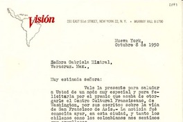 [Carta] 1950 oct. 8, Nueva York [a] Gabriela Mistral, Veracruz, México