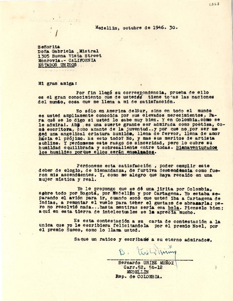 [Carta] 1946 oct. 30, Medellín, [Colombia] [a] Gabriela Mistral, Monrovia, California
