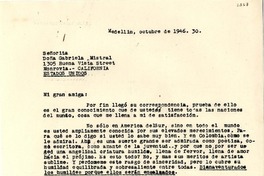 [Carta] 1946 oct. 30, Medellín, [Colombia] [a] Gabriela Mistral, Monrovia, California