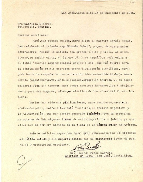 [Carta] 1945 dic. 23, San José, Costa Rica [a] Gabriela Mistral, Petrópolis, Brasil