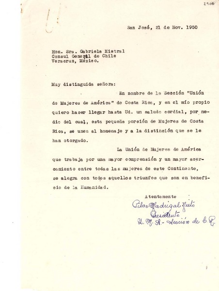 [Carta] 1950 nov. 21, San José, [Costa Rica] [a] Gabriela Mistral, Cónsul General de Chile, Veracruz, México