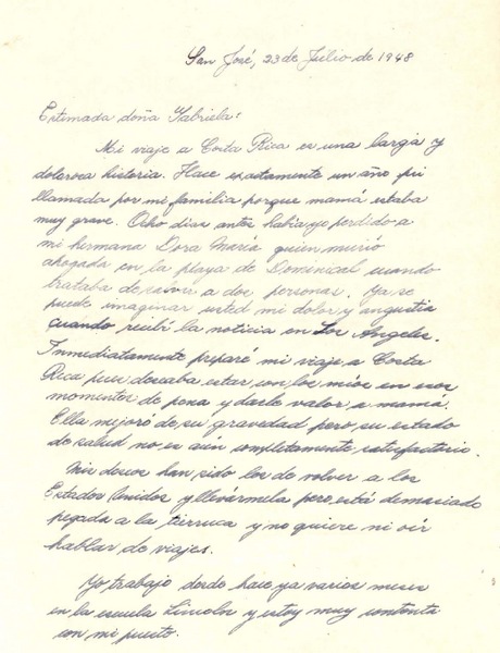 [Carta] 1948 jul. 23, San José, [Costa Rica] [a] Gabriela [Mistral]