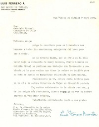 [Carta] 1950 mayo 7, San Marcos de Tarrazú, [Costa Rica] [a] Gabriela Mistral, Consulado de Chile, California, [Estados Unidos]