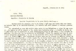 [Carta] 1951 oct. 10, Bogotá [a] Gabriela Mistral, Rapallo