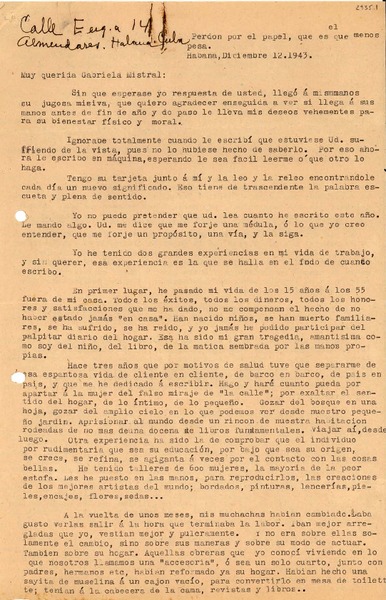 [Carta] 1943 dic. 12, Habana, Cuba [a] Gabriela Mistral
