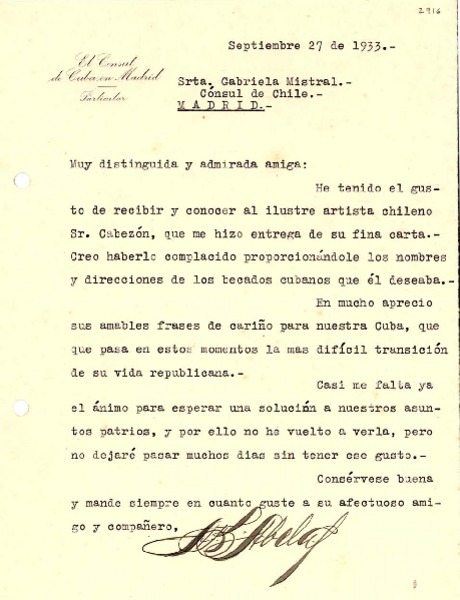 [Carta] 1933 sept. 27, Madrid [a] Gabriela Mistral, Madrid