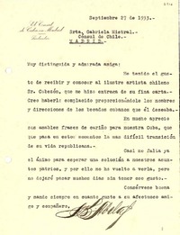 [Carta] 1933 sept. 27, Madrid [a] Gabriela Mistral, Madrid