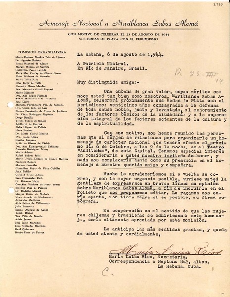 [Carta] 1944 ago. 6, La Habana, Cuba [a] Gabriela Mistral, Río de Janeiro, Brasil