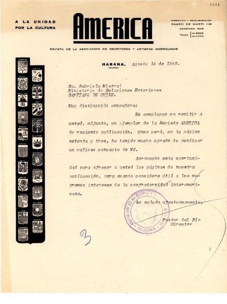 [Carta] 1945 ago. 14, Habana, Cuba [a] Gabriela Mistral, Ministerio de Relaciones Exteriores, Santiago, Chile
