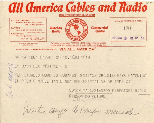 [Telegrama] 1945 nov. 16, Havana, [Cuba] [a] Gabriela Mistral, Rio [de Janeiro], [Brasil]