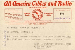 [Telegrama] 1945 nov. 16, Havana, [Cuba] [a] Gabriela Mistral, Rio [de Janeiro], [Brasil]