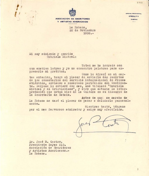 [Carta] 1938 nov. 22, La Habana [a] Gabriela Mistral