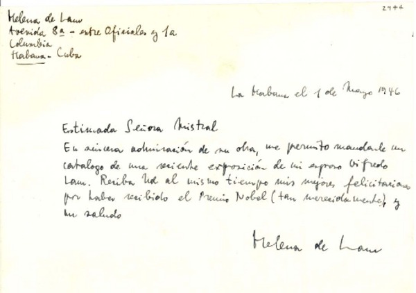 [Carta] 1946 mayo 1, Habana, Cuba [a] [Gabriela] Mistral