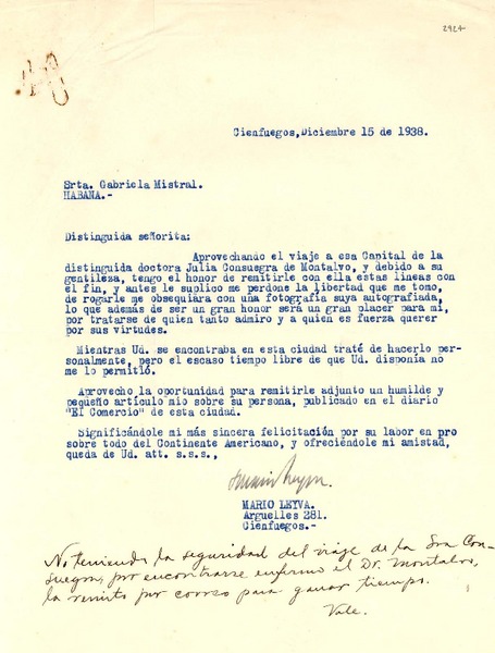 [Carta] 1938 dic. 15, Cienfuegos [Cuba] [a] Gabriela Mistral, La Habana