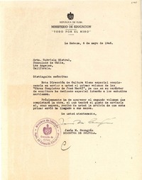 [Carta] 1946 mayo 6, La Habana, Cuba [a] Gabriela Mistral, Consulado de Chile, Los Angeles, California, [EE.UU.]