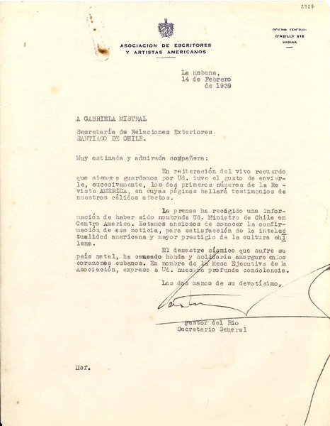 [Carta] 1939 feb. 14, La Habana [a] Gabriela Mistral, Santiago, Chile