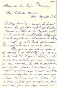 [Carta] 1946 jul. 20, Hamond, La., [EE.UU.] [a] Gabriela Mistral, Los Ángeles, Cal., [EE.UU.]