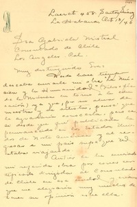 [Carta] 1946 oct. 13, Santos Suárez, La Habana, [Cuba] [a] Gabriela Mistral, Consulado de Chile, Los Angeles, Cal., [EE.UU.]