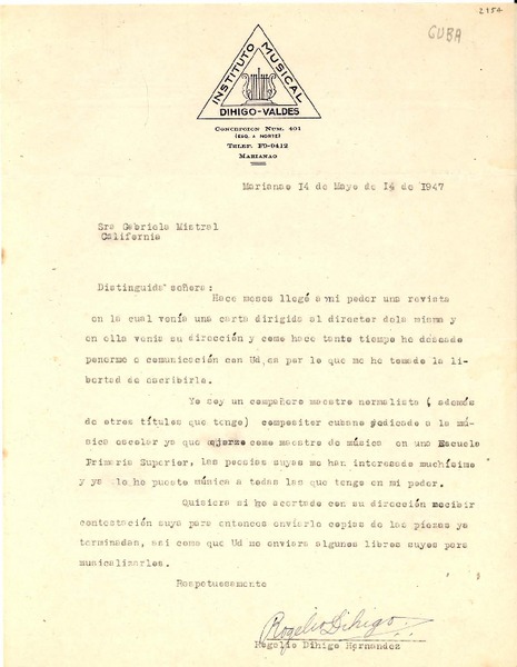 [Carta] 1947 mayo. 5, Marianao, [Cuba] [a] Gabriela Mistral, California