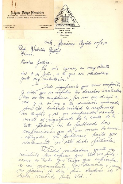[Carta] 1950 ago. 10, Marianao, [Cuba][a] Gabriela Mistral, México D.F.