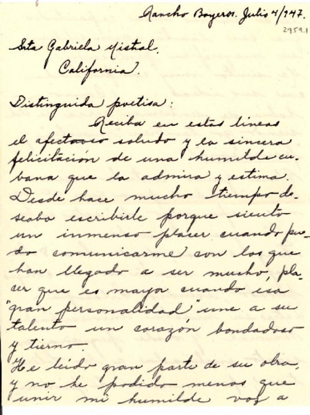 [Carta] 1947 jul. 4, [La Habana, Cuba] [a] Gabriela Mistral, California