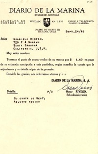 [Carta] 1948 sept. 24, La Habana, Cuba [a] Gabriela Mistral, Santa Bárbara, California