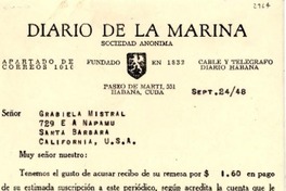 [Carta] 1948 sept. 24, La Habana, Cuba [a] Gabriela Mistral, Santa Bárbara, California