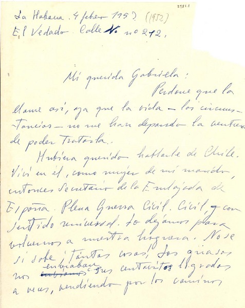 [Carta] 1952 feb. 4, La Habana, [Cuba] [a] Gabriela [Mistral]