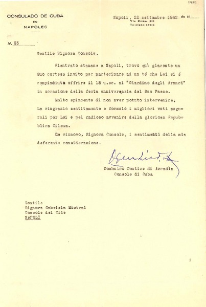 [Carta] 1952 sett. 22, Consulado de Cuba, Nápoles, [Italia] [a] [Gabriela Mistral], Napoli, [Italia]