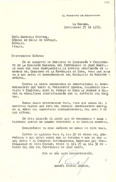 [Carta] 1952 sept. 27, La Habana, [Cuba] [a] Gabriela Mistral, Nápoles, Italia