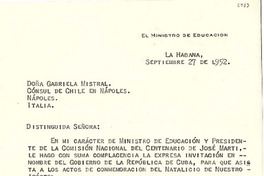 [Carta] 1952 sept. 27, La Habana, [Cuba] [a] Gabriela Mistral, Nápoles, Italia