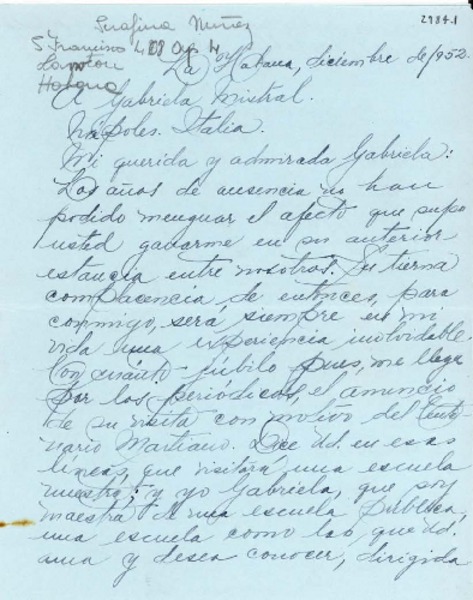 [Carta] 1952 dic., La Habana, Cuba [a] Gabriela Mistral, Nápoles, Italia