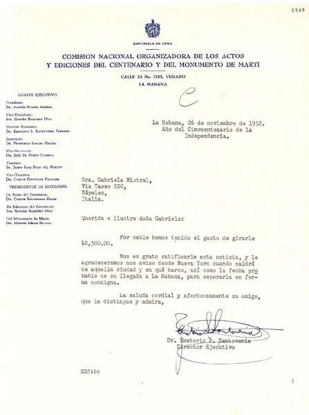 [Carta] 1952 nov. 26, La Habana, Cuba [a] Gabriela Mistral, Nápoles, Italia