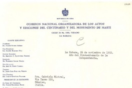[Carta] 1952 nov. 26, La Habana, Cuba [a] Gabriela Mistral, Nápoles, Italia