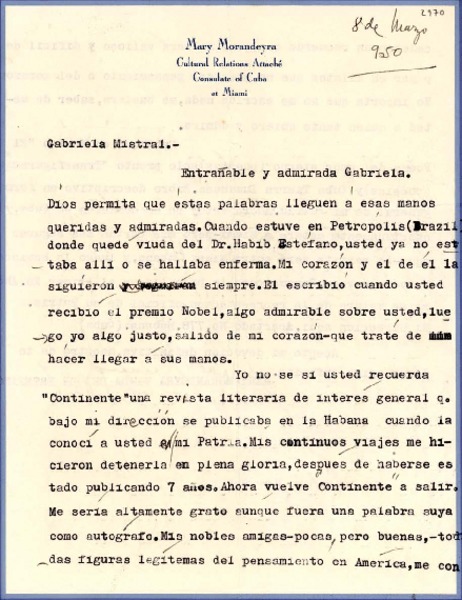[Carta] 1950 mar. 8, Miami [a] Gabriela Mistral