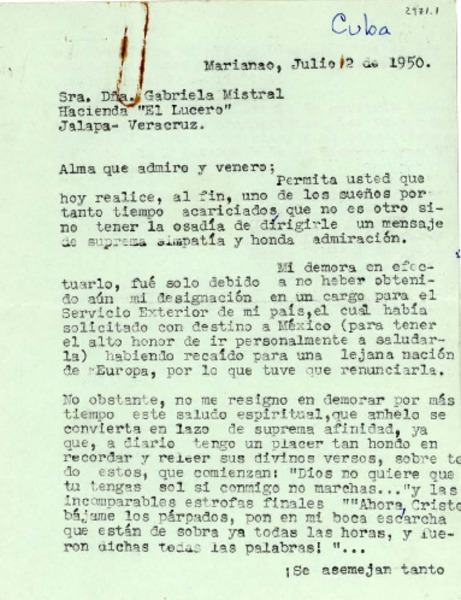 [Carta] 1950 jul. 2, Marianao, [Cuba] [a] Gabriela Mistral, Veracruz