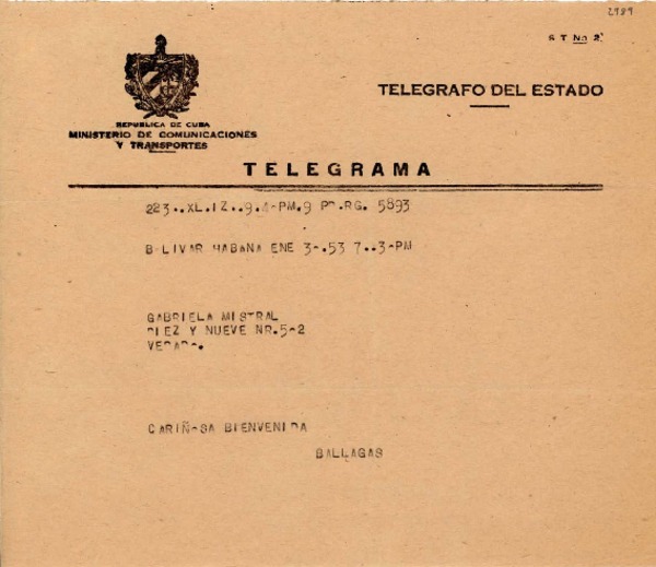 Telegrama 1953 ene. 3, Habana, [Cuba] [a] Gabriela Mistral, La Habana, [Cuba]