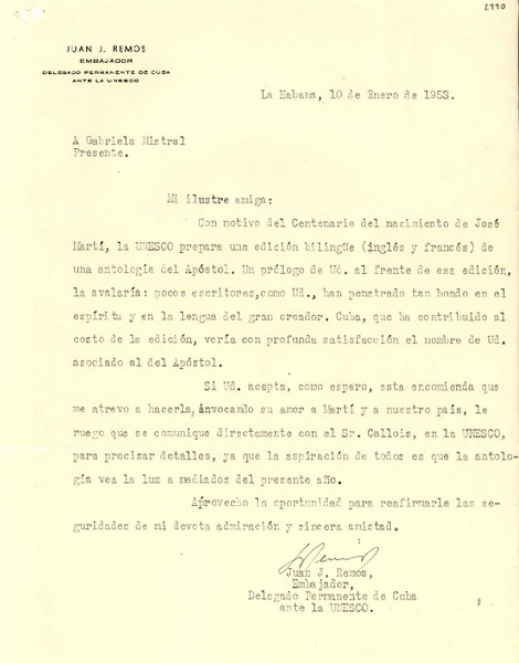 [Carta] 1953 ene. 10, La Habana, Cuba [a] Gabriela Mistral