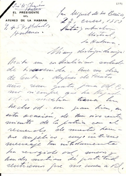 [Carta] 1953 ene. 22, San Miguel de Los Baños, La Habana, Cuba [a] Gabriela Mistral, La Habana, Cuba