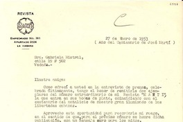 [Carta] 1953 ene. 27, La Habana, [Cuba] [a] Gabriela Mistral, Vedado, [Cuba]