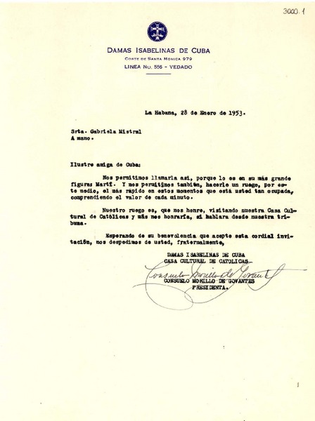 [Carta] 1953 ene. 28, La Habana, Cuba [a] Gabriela Mistral