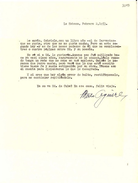 [Carta] 1953 feb. 2, La Habana, [Cuba] [a] Gabriela Mistral