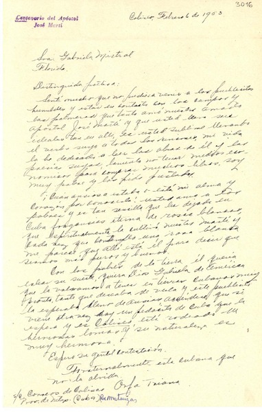 [Carta] 1953 feb. 6, Coliseo, Cuba [a] Gabriela Mistral, Florida