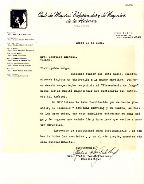 [Carta] 1953 ene. 31, La Habana, [Cuba] [a] Gabriela Mistral, [La Habana], [Cuba]