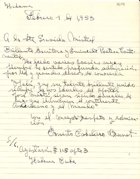 [Carta] 1953 feb. 1, Habana, Cuba [a] Gabriela Mistral, La Habana, [Cuba]
